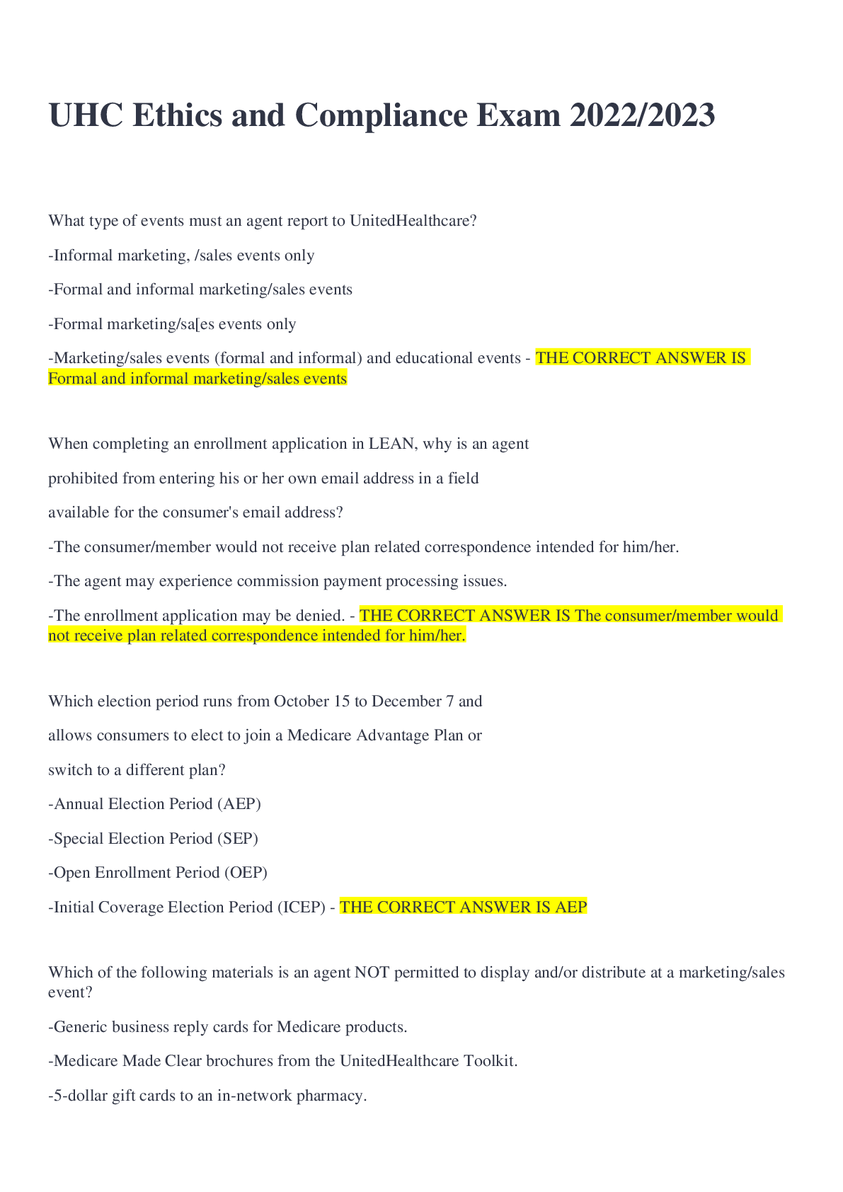 Preview image for UHC Ethics and Compliance Exam 2022/2023